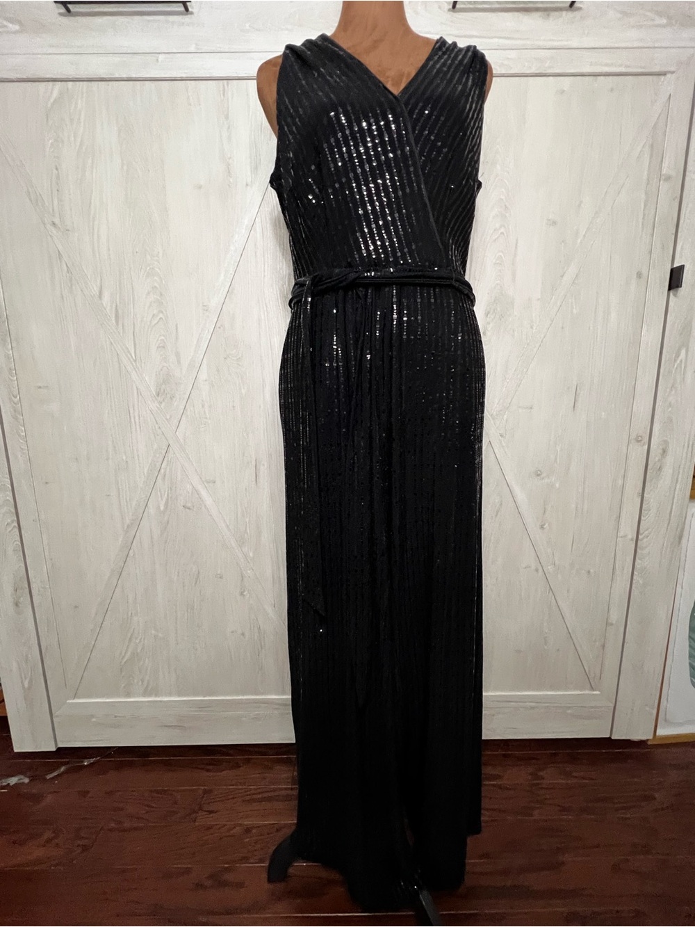 Donna Ricco Black Sequin Striped Wide-Leg Jumpsuit Size 12